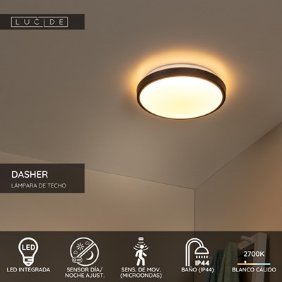 Lucide DASHER - Lámpara de techo Baño - Ø 29,3 cm - LED - 1x12W 2700K - IP44 - Sensor movimiento - Negro